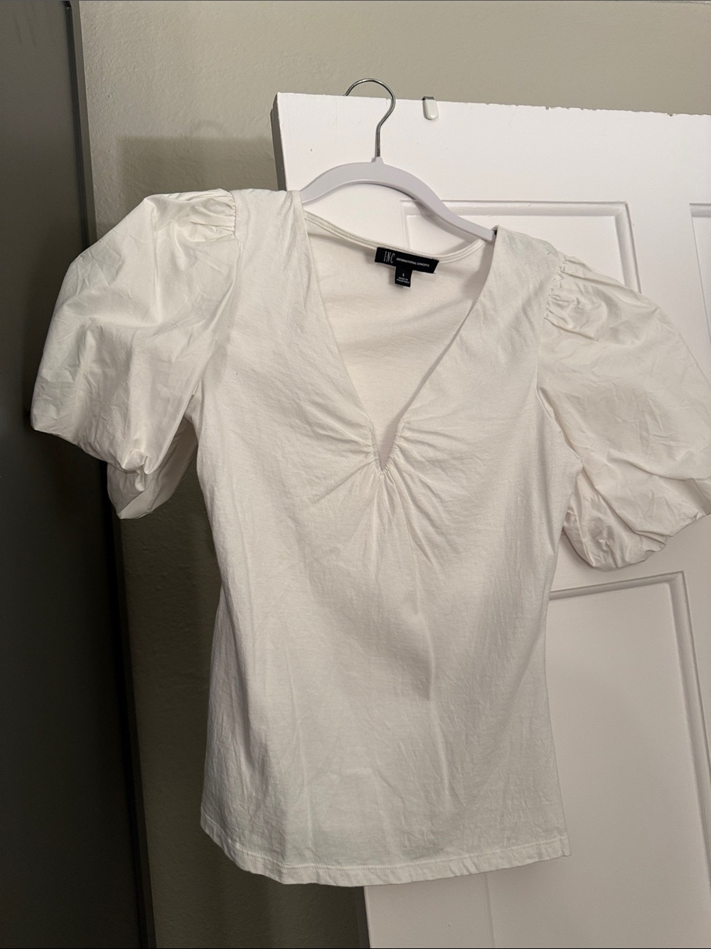 INC International Concepts White V-Neck Puff Sleeve Top